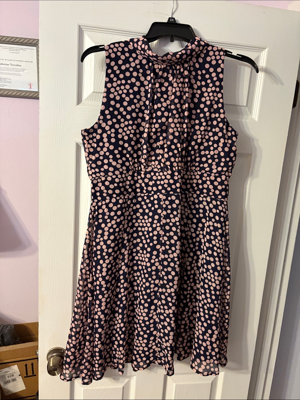 Navy Dress with Pink Polka Dot High Neck